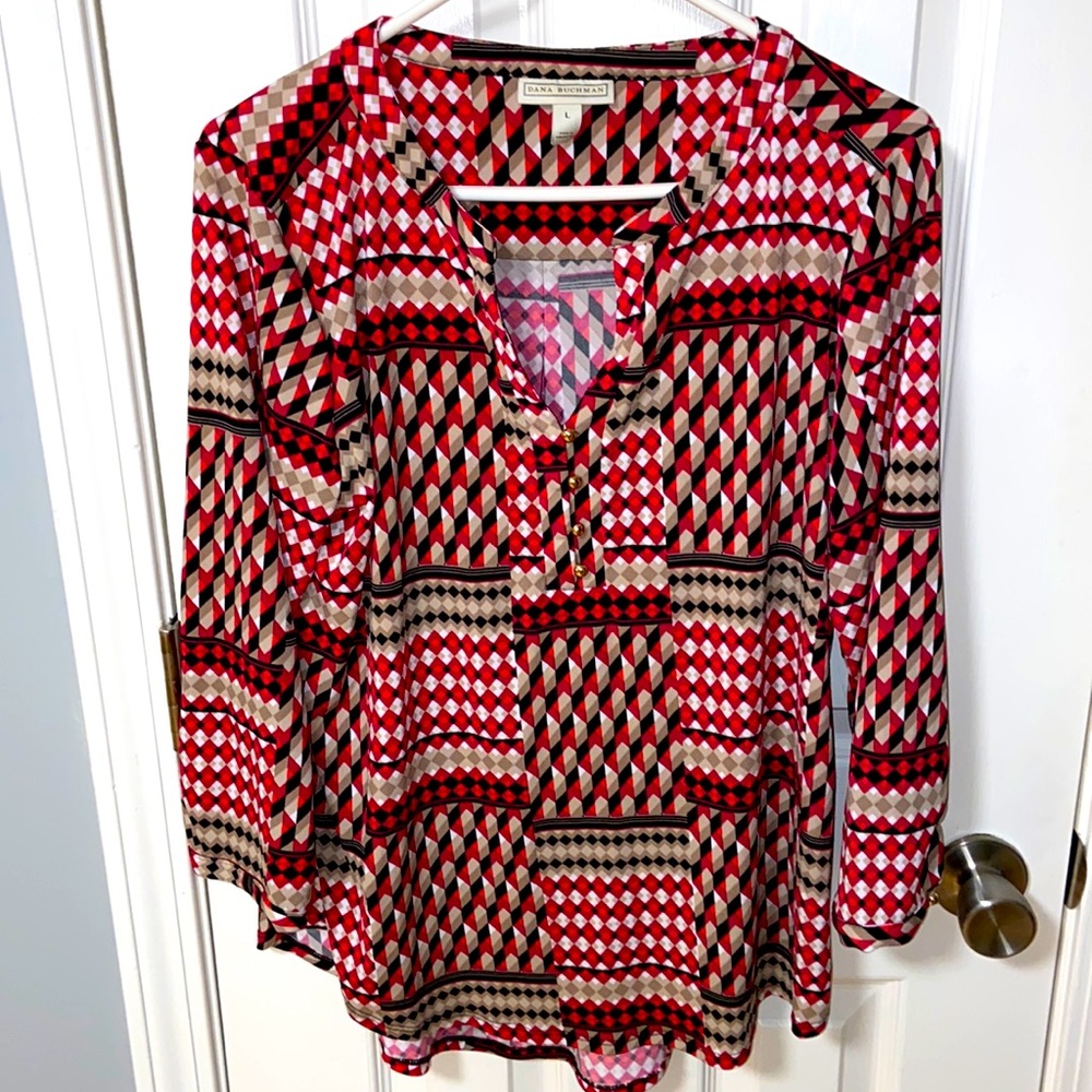 Women’s harlequin pattern blouse in red and black (L)